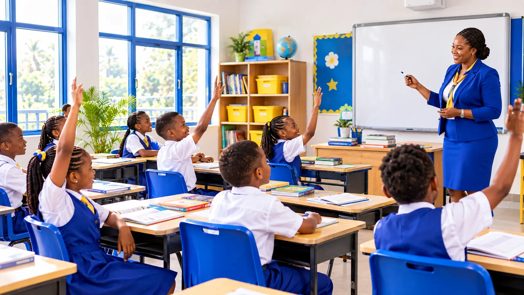 Learners in a bright classroom