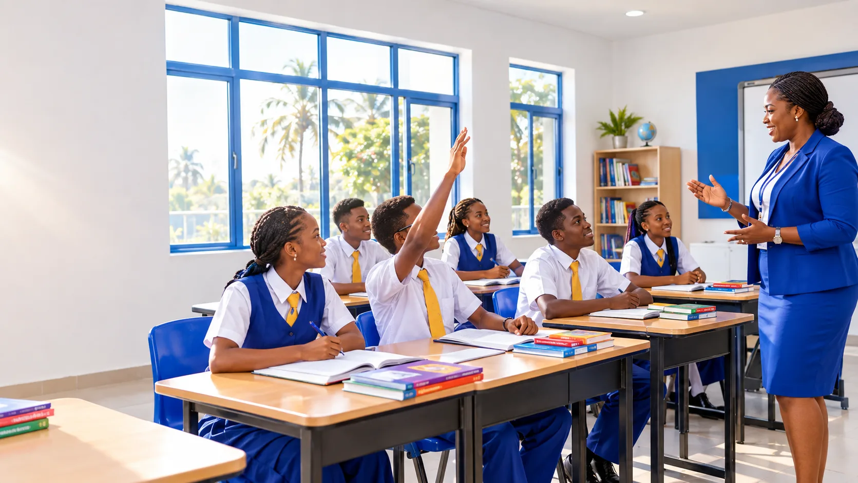 Students engaged in a bright, modern classroom